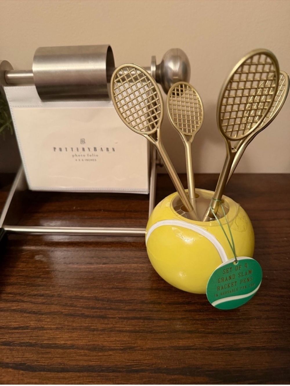 Tennis Ball Desk Pen Set - Gold Racket Pens with Yellow Holder